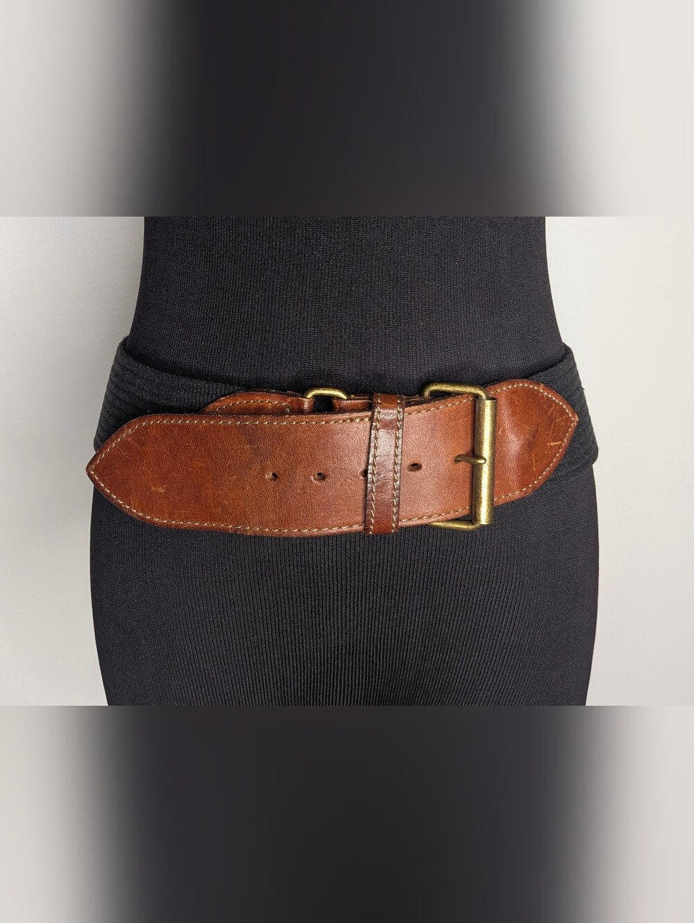 Vtg Y2K GAP Navy Blue Canvas Brown Leather Wide Unisex Belt Size L Roller Buckle